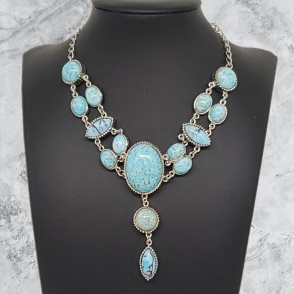 Vintage Blue Turquoise Silver Oval Necklace Adjustable - Picture 1 of 6
